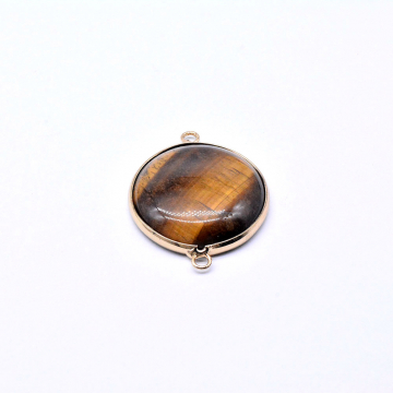 天然石チャーム タイガアイ　枠付き　円型　２カン付き ゴールド (1ヶ)