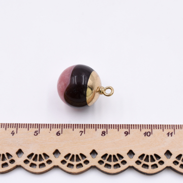 天然石チャーム 円型 1カン ブラウン ピンク 24x20mm ゴールド (1ヶ）