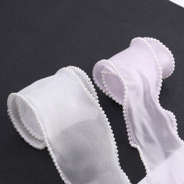 パール付きチュールリボン レースリボン 服飾資材 ラッピングリボン 手作りヘアリボン 幅約6cm（1m）