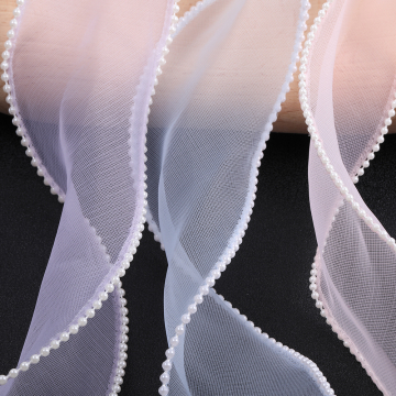 パール付きチュールリボン レースリボン 服飾資材 ラッピングリボン 手作りヘアリボン 幅約6cm（1m）