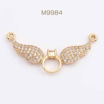 高品質ジルコニアチャーム コネクターチャーム 天使の羽とリング 2カン付き 19×39mm ゴールド（1ヶ）
