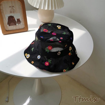帽子 レディース メッシュ 日よけ 花柄帽子 たためる 薄手 刺繍 おしゃれ かわいい 涼しい 56-58cm 黒 白（1ヶ）