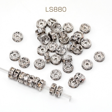 ロンデルパーツ ストーン付 スペーサービーズ メタルビーズ ロジウム 2.5×6mm（約50ヶ）