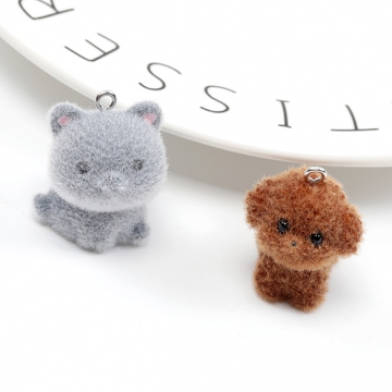 フロッキーチャーム 樹脂チャーム 猫 キャット ドッグ 犬 動物 約26×29mm（1ヶ）