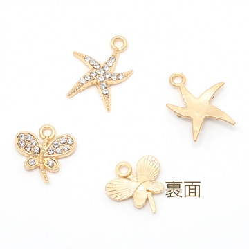 メタルチャーム ヒトデ 蝶々 石付き 合金製 約15×19mm（4ヶ）