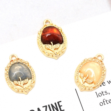 樹脂チャーム 合金製 オーバル フラワー 花 額入り メタルチャーム 約12×18mm（2ヶ）
