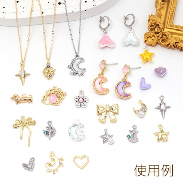 メタルチャーム 星＆月 石付き ペンダントパーツ 合金製 約11×16mm（4ヶ）