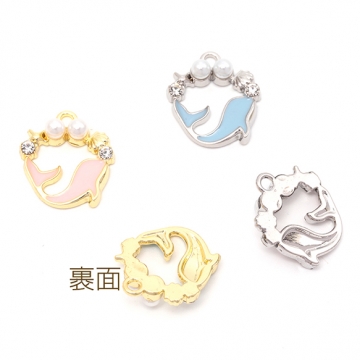 パールチャーム 合金製 イルカ ドルフィン パール&ストーン付き マリンチャーム メタルチャーム 約16×18mm（2ヶ）
