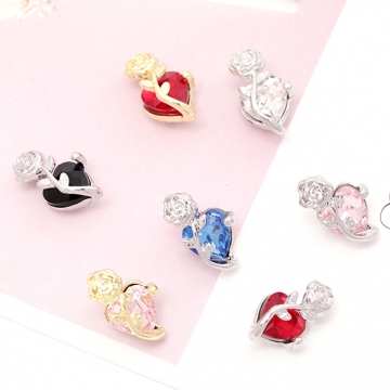 ガラスチャーム 合金製 バラ 薔薇 フラワー ハート ガラスストーン付き メタルチャーム 約10×16mm（2ヶ）