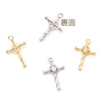 ジルコニアチャーム 銅製 フラワー 花 クロス 十字架 メタルチャーム 約9×14mm（2ヶ）