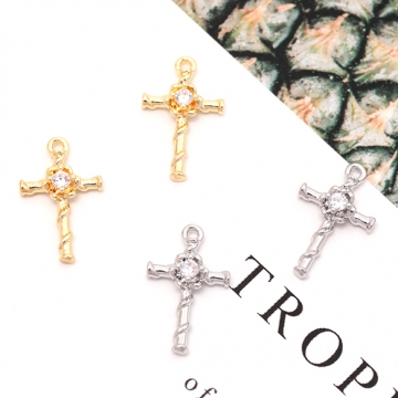 ジルコニアチャーム 銅製 フラワー 花 クロス 十字架 メタルチャーム 約9×14mm（2ヶ）