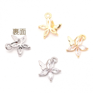 ジルコニアチャーム 銅製 フラワー 花と蝶 上品 高品質パーツ メタルチャーム 約10×10mm（2ヶ）