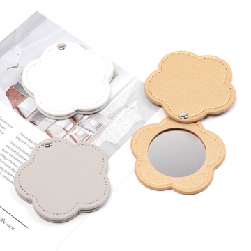 コンパクトミラー 花型 手鏡 PUレザーケース付き 合皮カバー付き 持ち歩き便利 携帯用ミラー かがみ 約8cm（1ヶ）