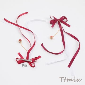 リボンヘアクリップ 鈴付き サテンリボン髪飾り ヘッドドレス ヘアサイドクリップ 和ロリ 約10×32cm（1ペア）
