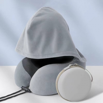 フード付きネックピロー 低反発 飛行機 アウトドア 旅行 トラベルピロー  約260×260×450mm（1個）