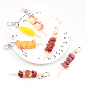 食品サンプルキーホルダー 串焼き 焼き鳥 海鮮焼き 夏祭り ミニチュアフード 回転カン付き 約2×11cm（1ヶ）