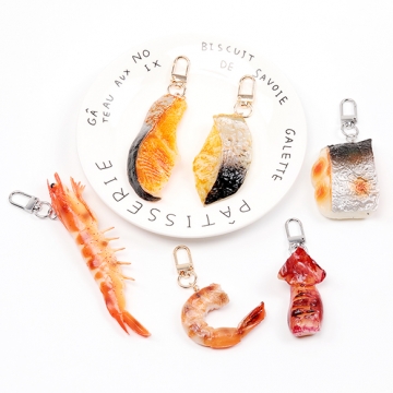 食品サンプルキーホルダー 焼き鮭 鮭切り身 鮭チャーム えび 焼きいか ミニチュアフード 約4.5×10cm（1ヶ）
