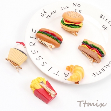 食品サンプルヘアクリップ カップケーキ ハンバーガー サンドイッチ ポテト クロワッサン 約3×4.5cm（1ヶ）