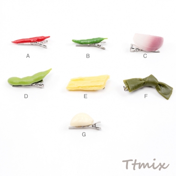 食品サンプルヘアクリップ 野菜 玉子 玉ねぎ 枝豆 結び昆布 にんにく  コスプレ 髪飾り 約0.8×5.8cm（1ヶ）