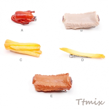 食品サンプルヘアクリップ 北京ダック スペアリブ フライドポテト コスプレ ユニークな髪飾り 約2.8×5.5cm（1ヶ）