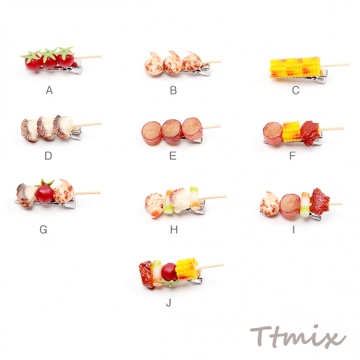 食品サンプルヘアクリップ 串焼き バーベキュー 野菜焼き 海鮮焼き コスプレ ユニークな髪飾り 約1.8×6cm（1ヶ）