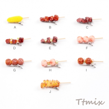 食品サンプルヘアクリップ とうもろこし 焼き鳥 肉団子 つくね団子 コスプレ ユニークな髪飾り 約1.7×7cm（1ヶ）