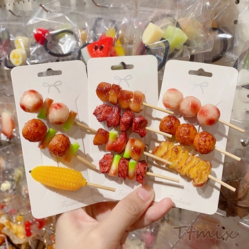 食品サンプルヘアクリップ とうもろこし 焼き鳥 肉団子 つくね団子 コスプレ ユニークな髪飾り 約1.7×7cm（1ヶ）