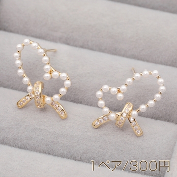 ファッションピアス リボンピアス パールラインストーン付き 可愛いデザインピアス  約14×17mm（1ペア）
