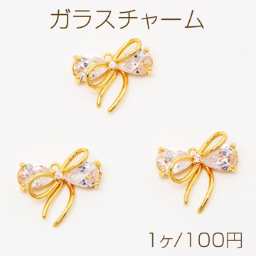 ガラスチャーム リボン ストーン付き カン付き メタルチャーム 約12×16mm（1ヶ）