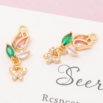 ガラスチャーム チューリップ 揺れる蝶々 ストーン付き お花 フラワー メタルチャーム 約9×22mm（1ヶ）