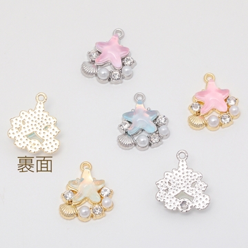 マリンチャーム ヒトデ 貝殻 海 キラキラ ABSパール ストーン付き メタルチャーム 約15×17mm（2ヶ）