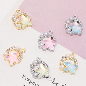 マリンチャーム ヒトデ 海 キラキラ ABSパール ラインストーン付き メタルチャーム 約13×17mm（2ヶ）