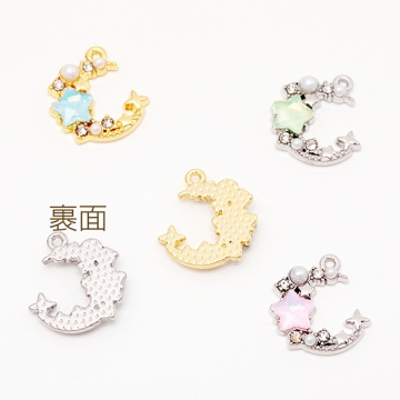 月チャーム 三日月 星 キラキラ ラインストーン付き 宇宙チャーム メタルチャーム 約17×18mm（2ヶ）