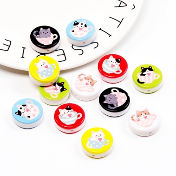 アクリルビーズ ネコ 猫 キャット ラウンド フラット コイン型 イラスト アニマルビーズ 動物ビーズ 約22mm（4ヶ）