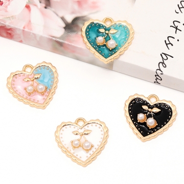 ハートチャーム チェリー さくらんぼ フルーツ エポチャーム メタルチャーム 約17×18mm（4ヶ）