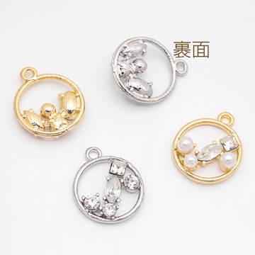 ガラスチャーム ラウンド キラキラ パール・ストーン付き フレームチャーム メタルチャーム 約14×18mm（2ヶ）