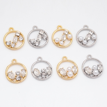 ガラスチャーム ラウンド キラキラ パール・ストーン付き フレームチャーム メタルチャーム 約14×18mm（2ヶ）