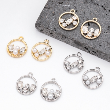 ガラスチャーム ラウンド キラキラ パール・ストーン付き フレームチャーム メタルチャーム 約14×18mm（2ヶ）