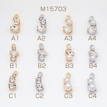 ガラスチャーム 三連 キラキラ パール・ストーン付き メタルチャーム 全12種（2ヶ）