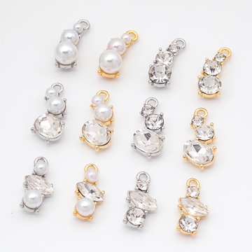 ガラスチャーム 三連 キラキラ パール・ストーン付き メタルチャーム 全12種（2ヶ）