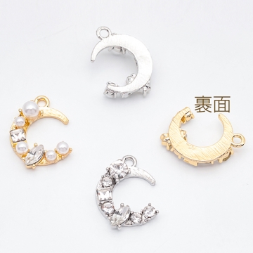 ガラスチャーム 三日月 キラキラ パール・ストーン付き 宇宙チャーム メタルチャーム 約13×18mm（2ヶ）