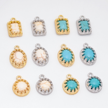 天然石チャーム ターコイズ オーバル ラウンド スクエア メタルチャーム 全12種（4ヶ）