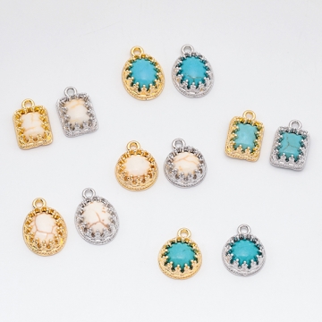 天然石チャーム ターコイズ オーバル ラウンド スクエア メタルチャーム 全12種（4ヶ）