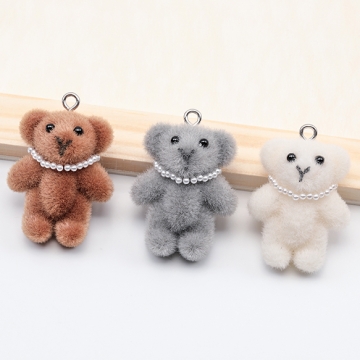 アニマルフロッキーチャーム ネックレス付き クマ くま テディベア 熊 くまチャーム 樹脂チャーム 約26×38mm（1ヶ）