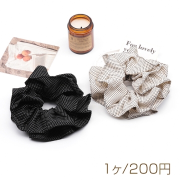 シュシュ 大きめフリル ドット模様 存在感◎ エレガント ブラック ホワイト 髪留め ヘアアクセサリー（1ヶ）