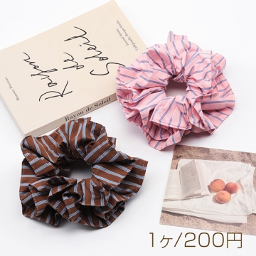 シュシュ ひらひらフリル ストライプ模様 エレガント ピンク ブラウン 髪留め ヘアアクセサリー（1ヶ）