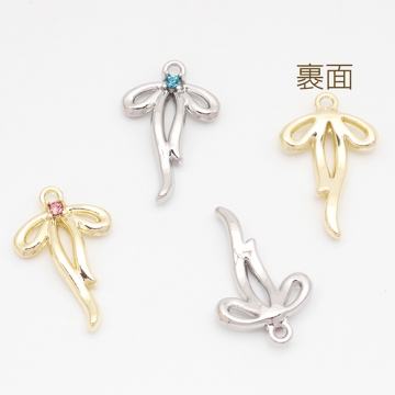 リボンチャーム 細め リボン カラフル ストーン付き 立体 メタルチャーム 約17×27mm（4ヶ）