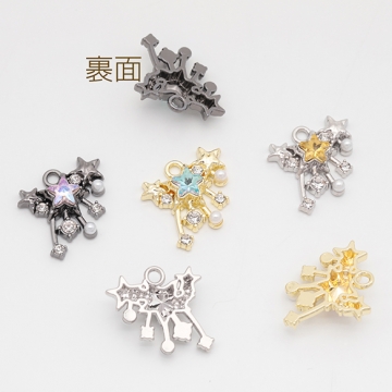 星チャーム スター 流れ星 キラキラ ABSパール＆ストーン付き 半面 メタルチャーム 約17×19mm（2ヶ）