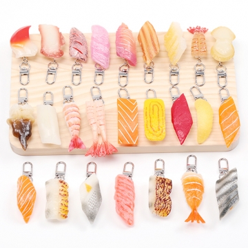 食品サンプルキーホルダー 寿司キーホルダー 貝 えび 数の子 サーモン マグロ アジ ホタテ 約3×8.5cm（1ヶ）