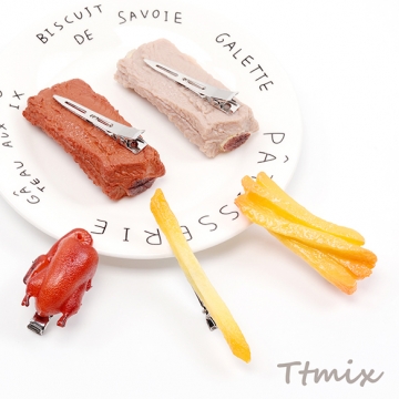 食品サンプルヘアクリップ 北京ダック スペアリブ フライドポテト コスプレ ユニークな髪飾り 約2.8×5.5cm（1ヶ）